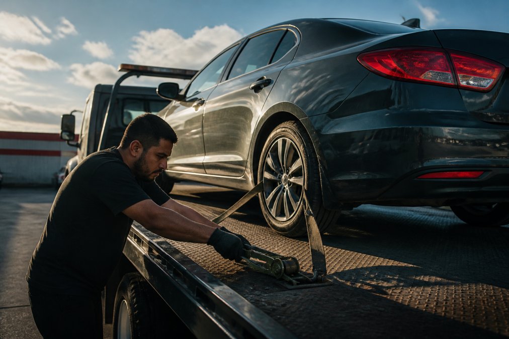 Professional tow truck operator carefully positioning a sedan onto a flatbed using proper straps and securing equipment, with attention to wheel placement and load distribution under daylight