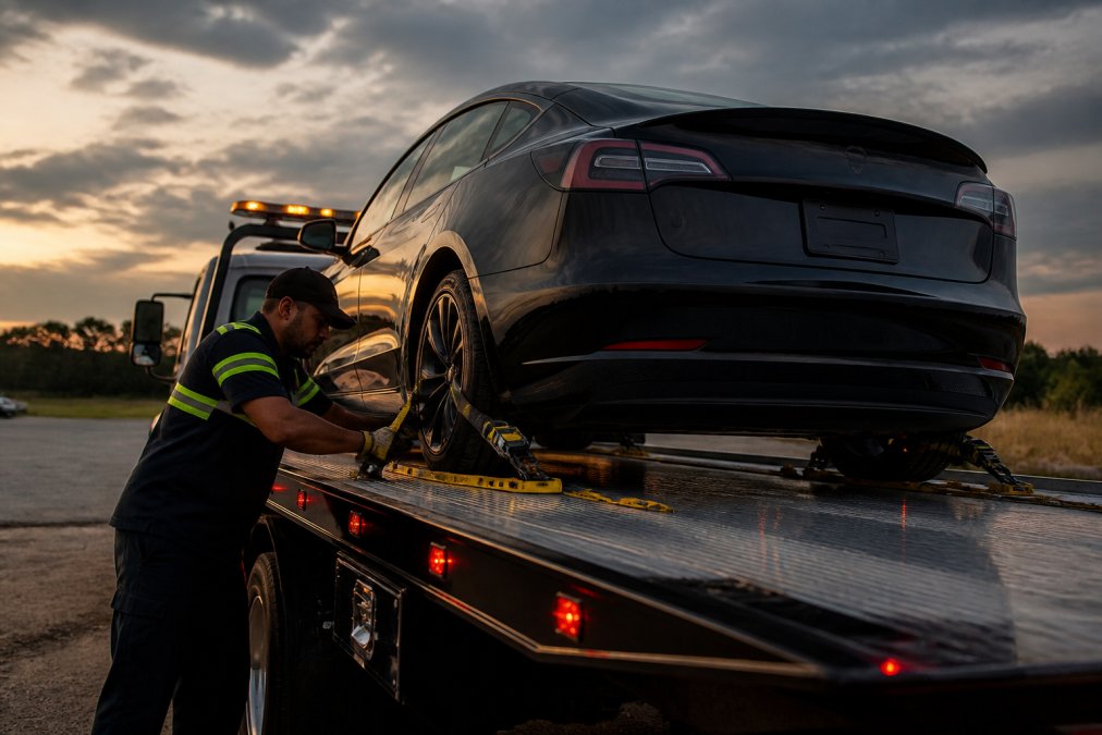 Tow truck operator carefully positioning a Tesla on a flatbed using specialized equipment designed for electric vehicles, showing secure wheel cradles and proper load distribution