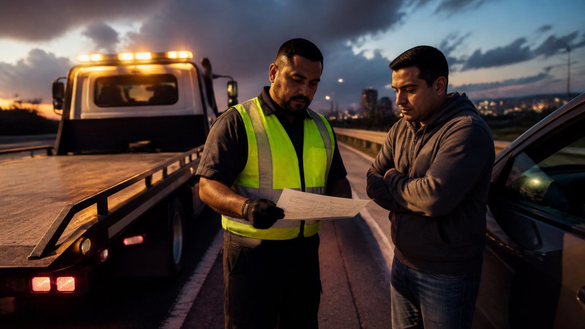 A flatbed tow truck operator in a safety vest reviewing a printed service estimate with a driver on the shoulder of a Tulsa highway at dusk, amber warning lights glowing on the truck behind them