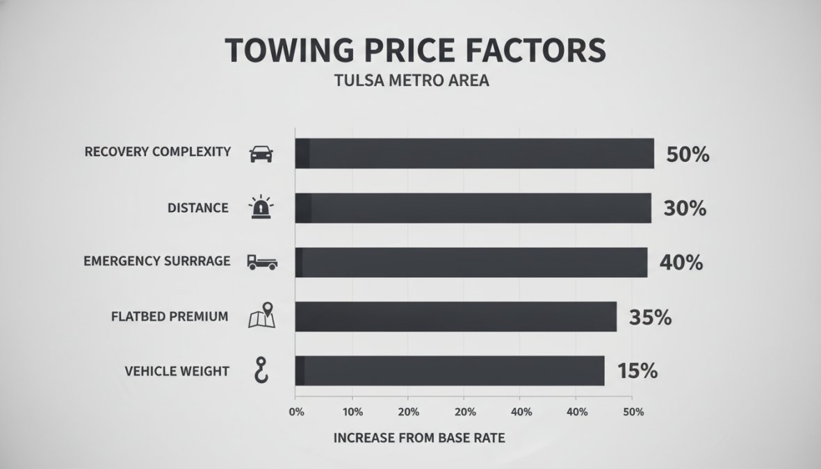 Bar chart comparing towing cost factors as percentage increases from base rate: vehicle weight class 15%, emergency surcharge 25%, flatbed premium 30%, distance 40%, recovery complexity 50%