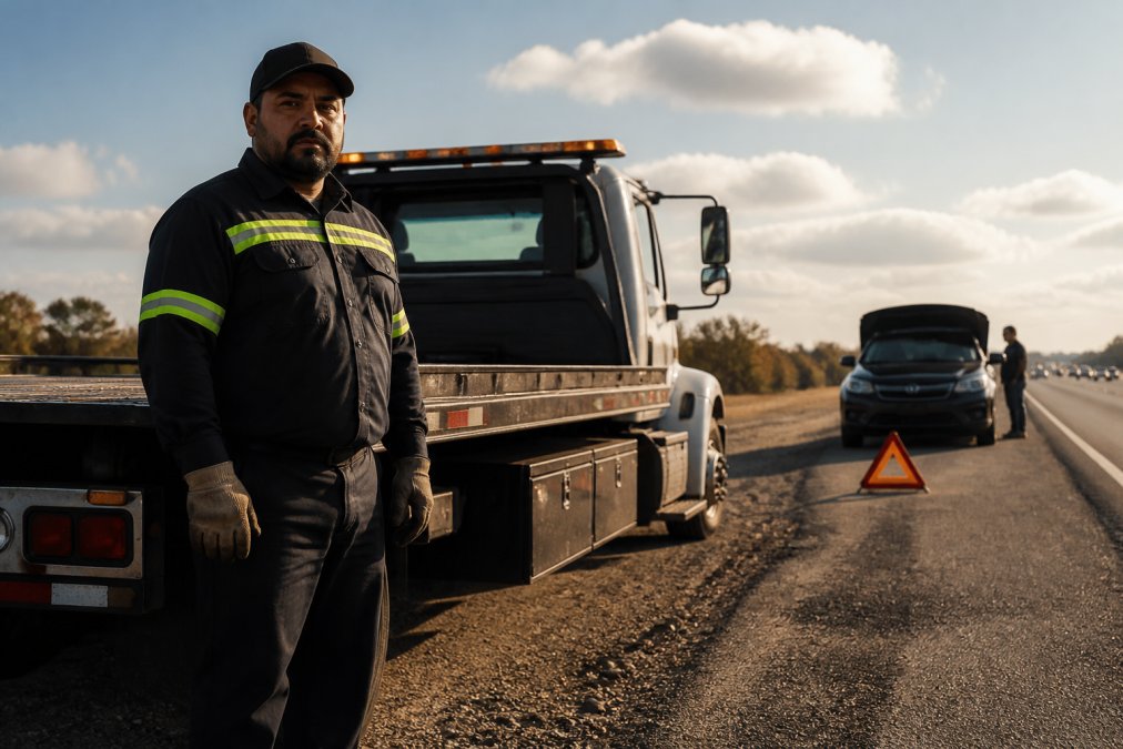 Professional tow truck operator in uniform standing beside a flatbed tow truck on a highway during daytime, with a stranded vehicle visible in the background