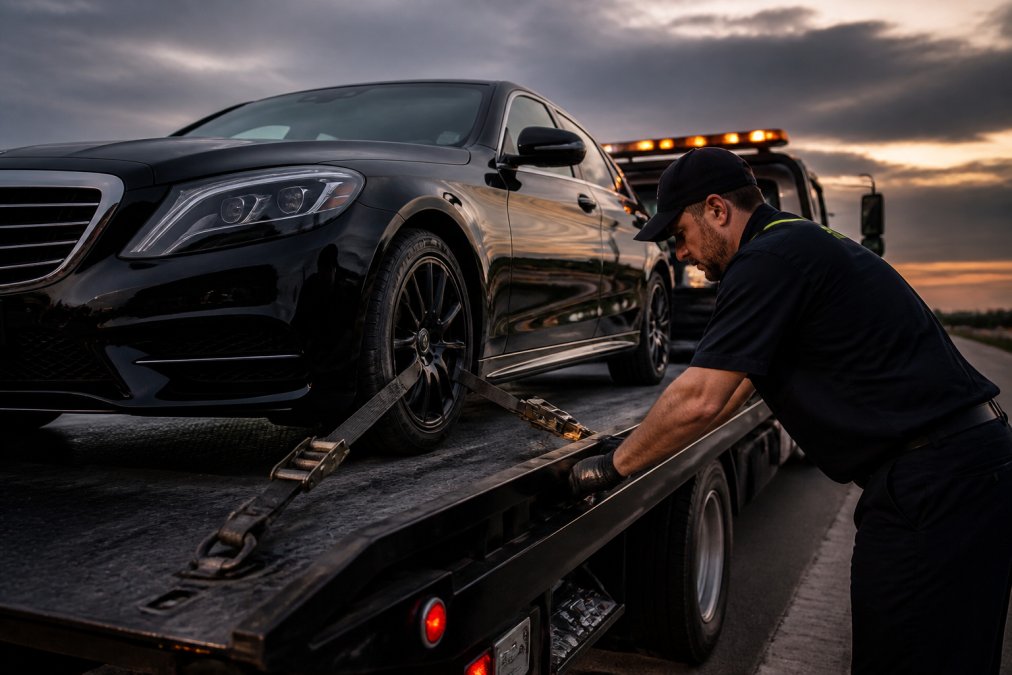 Luxury sedan being carefully loaded onto a flatbed tow truck using professional securing equipment, showing damage-free towing technique with proper straps and tie-downs