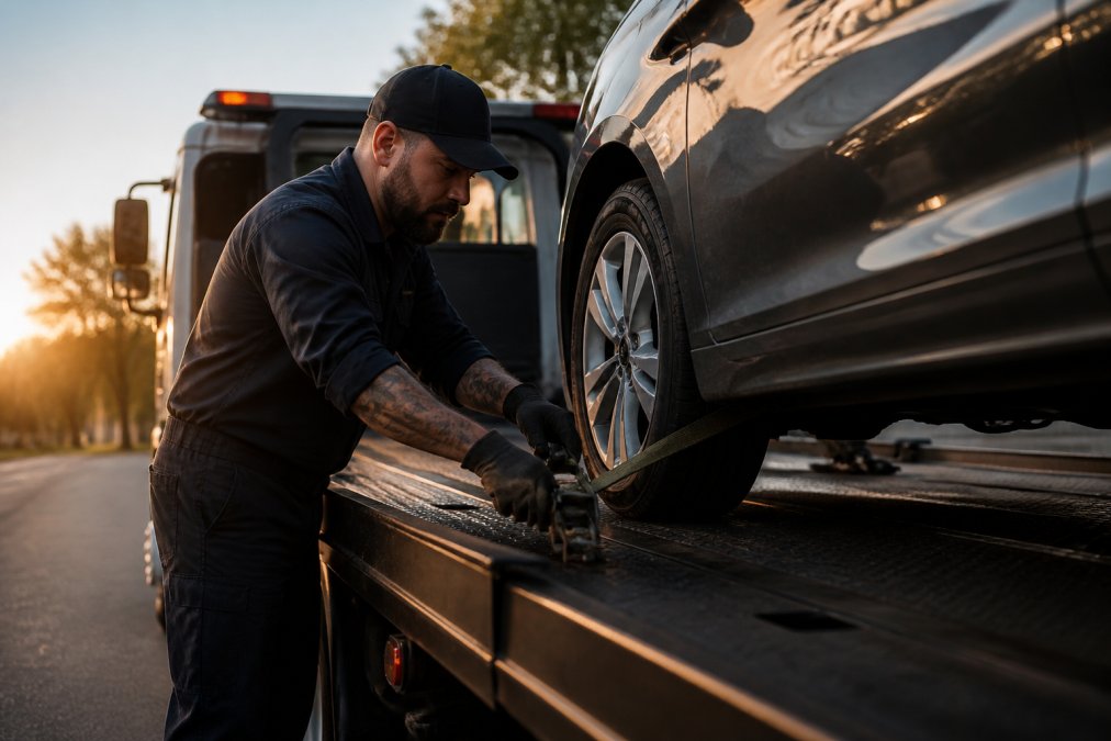Professional tow truck operator securing a vehicle on a flatbed with proper straps and equipment, showing careful handling and damage-prevention procedures in morning light