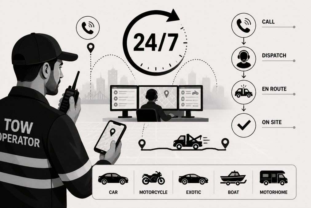 Professional tow truck operator coordinating dispatch via mobile device in modern dispatch center with multiple monitors showing real-time tracking