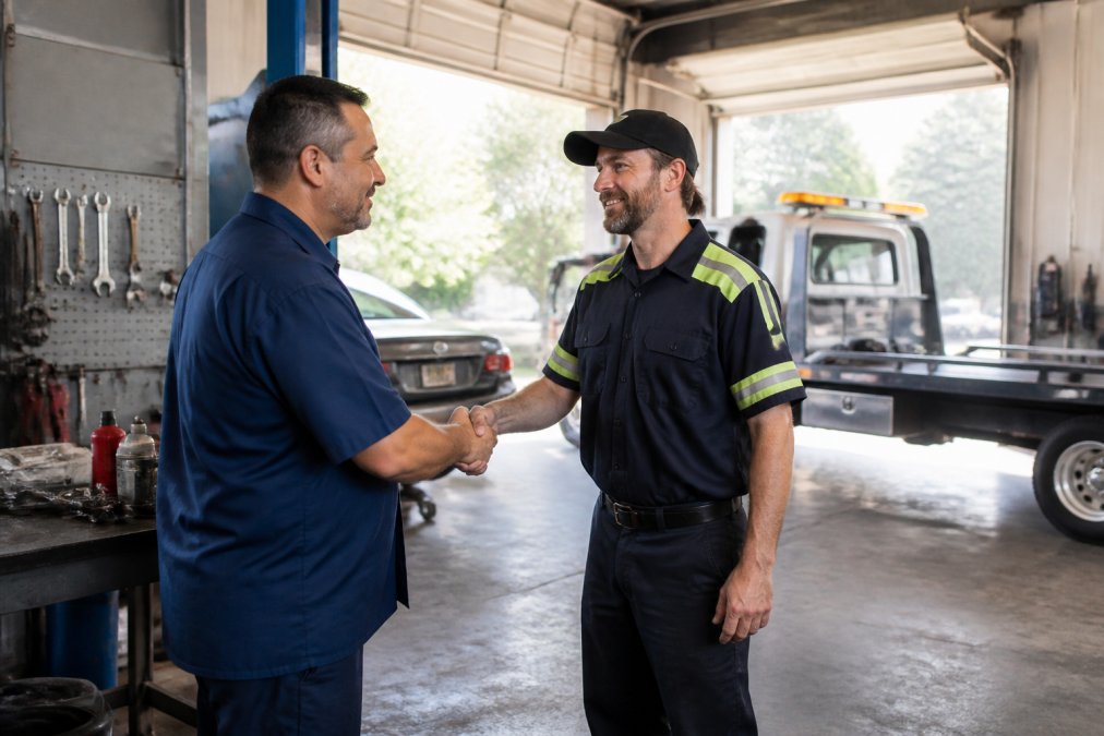 A professional tow truck driver in uniform shaking hands with an auto repair shop manager in a shop bay, with a flatbed tow truck visible in the background, warm overhead lighting