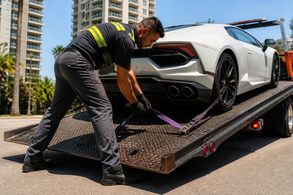 Professional operator providing towing services for luxury vehicles San Diego using soft straps on a flatbed