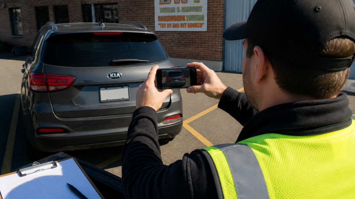 Property manager photographing an unauthorized vehicle parked in a designated no-parking zone, using a smartphone to capture the license plate and violation details in daylight