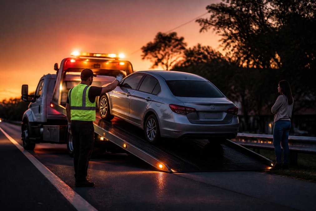 Towing services operator loading a sedan onto a flatbed truck at dusk on a suburban Oklahoma road