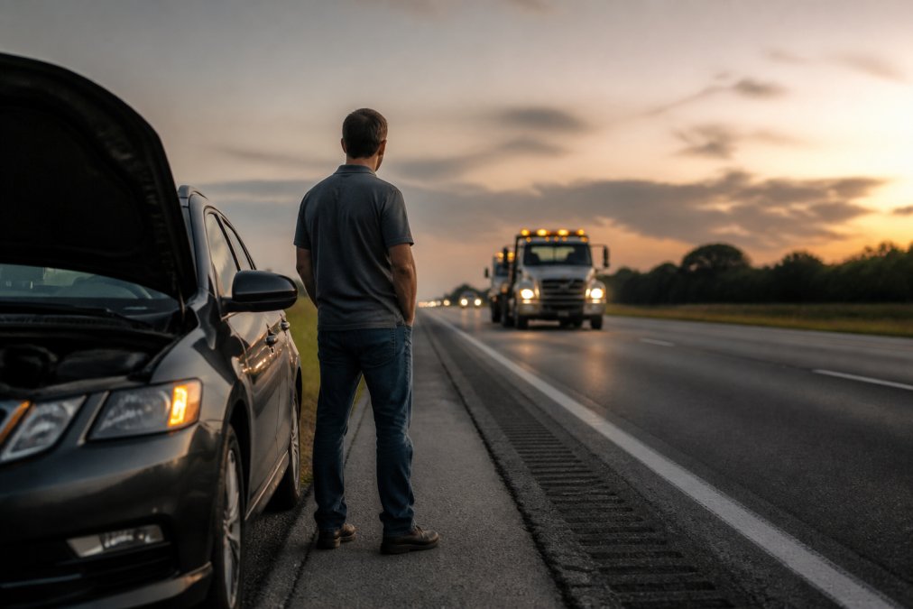 Driver standing safely on a highway shoulder as towing services in Broken Arrow arrive to help with a disabled car.