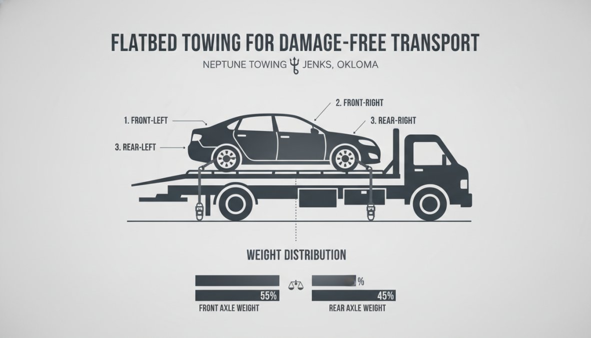 Diagram showing proper flatbed towing procedure with vehicle centered on platform, four-point securement system, and weight distribution markers