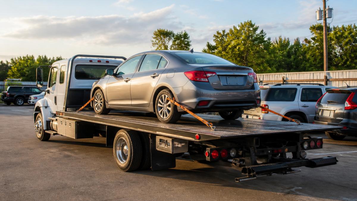 A flatbed tow truck parked in an outdoor lot with a sedan fully loaded and secured, orange tie-down straps visible, late afternoon sunlight