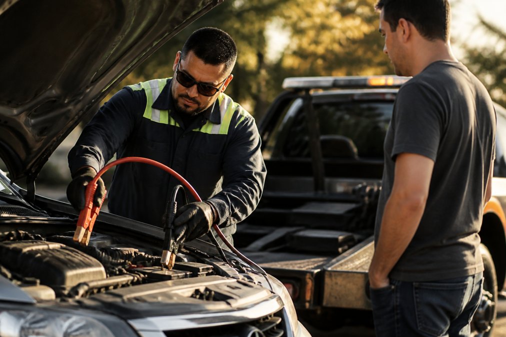 Professional tow truck operator performing a jump start on a sedan, connecting jumper cables to the battery terminals with the driver standing nearby on a sunny day