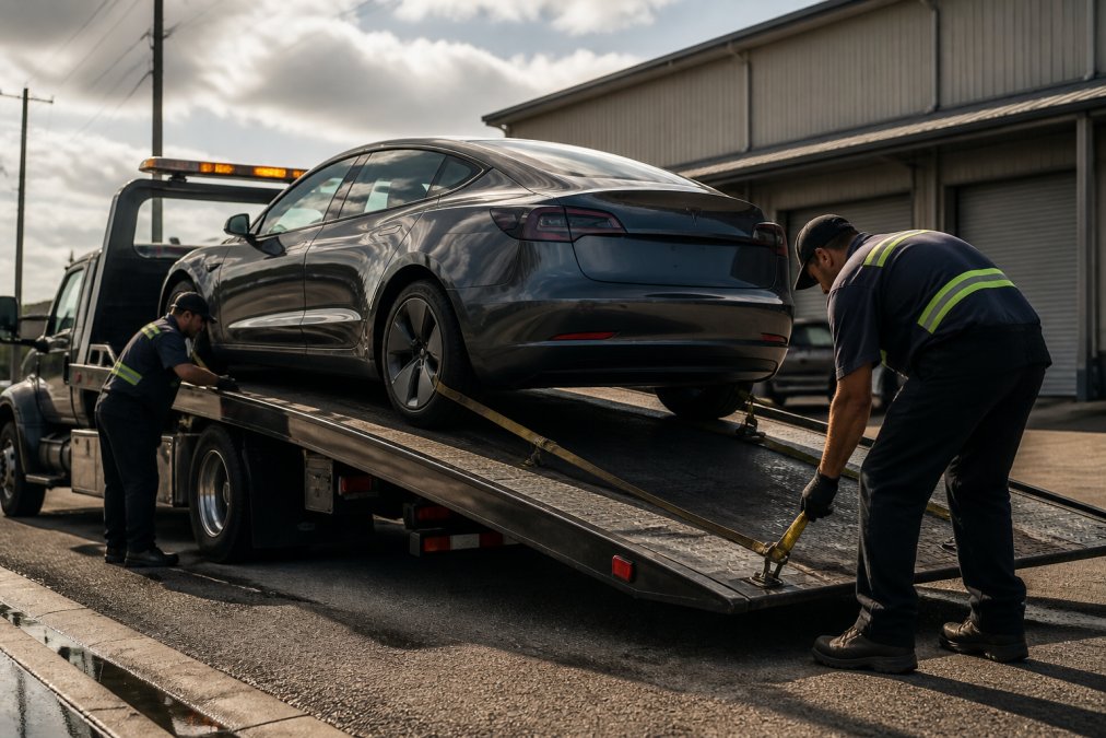 A Tesla Model 3 being carefully loaded onto a modern flatbed tow truck using proper securement straps and equipment, with trained operators guiding the vehicle onto the platform in daylight