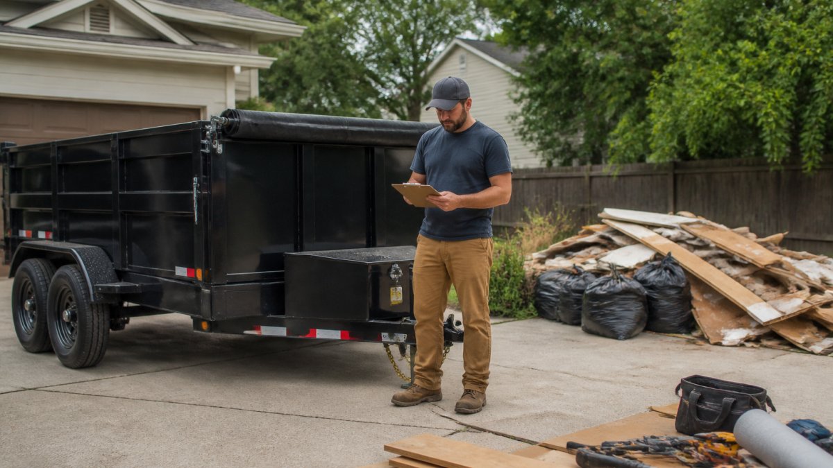 A homeowner in work clothes standing beside a 12-yard dump trailer parked on a residential driveway, holding a clipboard and reviewing the rental agreement before loading debris