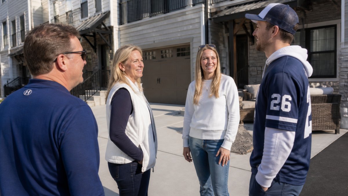 A family and alumni in Penn State gear smiling outside modern townhomes for rent near Beaver Stadium.