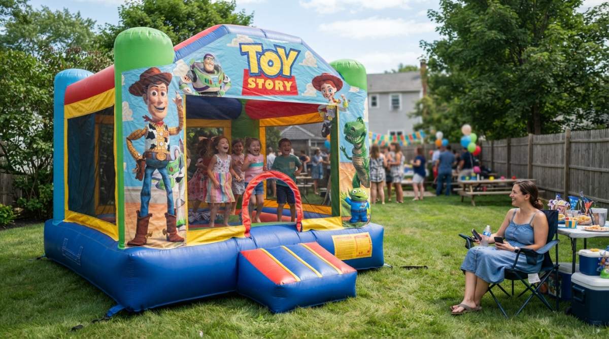 A colorful Toy Story-themed inflatable bounce house set up in a sunny backyard, with a few kids in party clothes jumping inside and a parent watching from a folding chair nearby