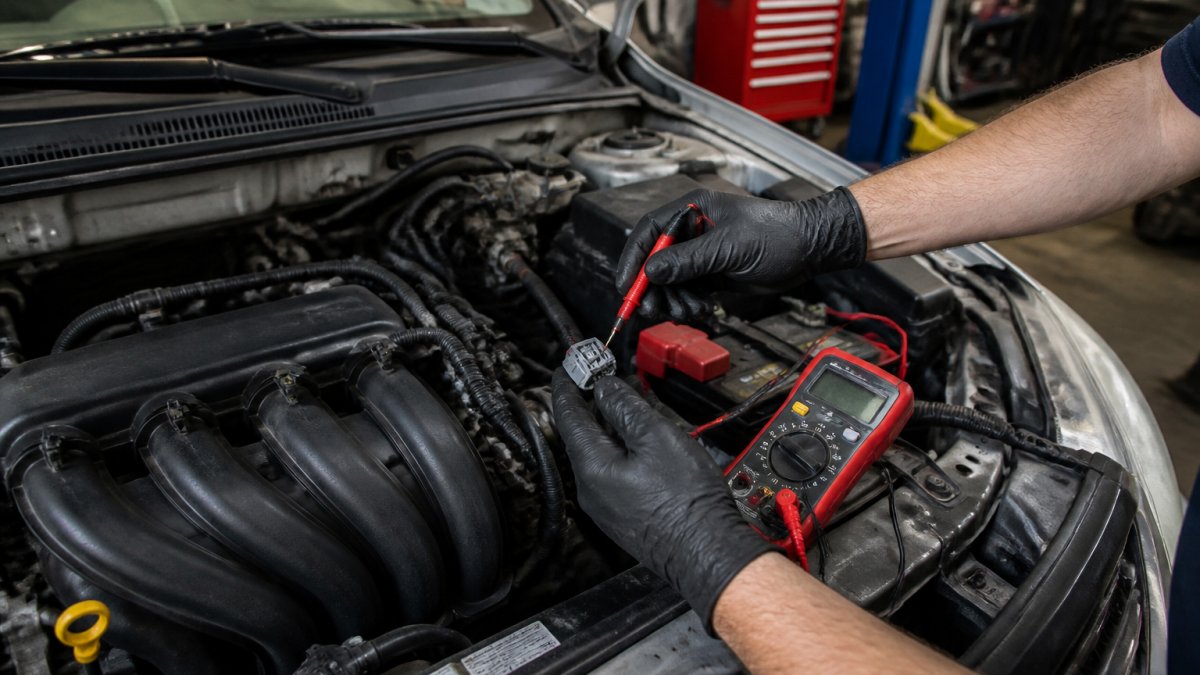 Mechanic testing a Toyota Corolla radiator fan connector with a multimeter to diagnose overheating at idle