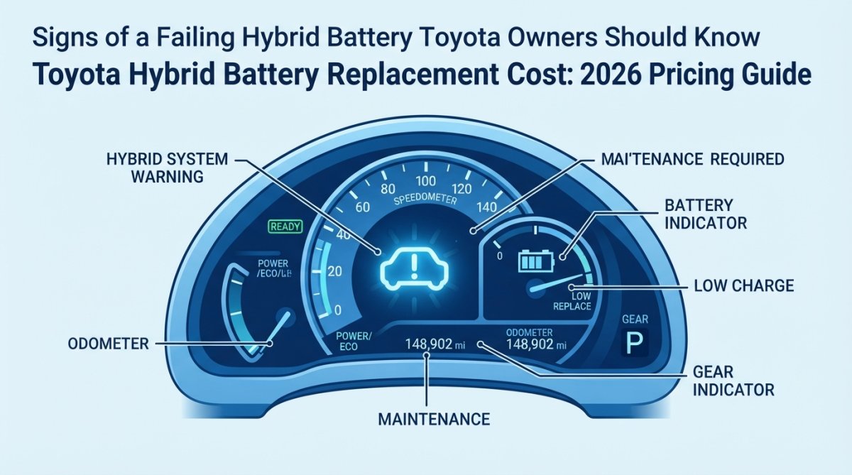 Close-up of Toyota dashboard instrument cluster with hybrid system warning light illuminated in red, battery indicator visible on digital display