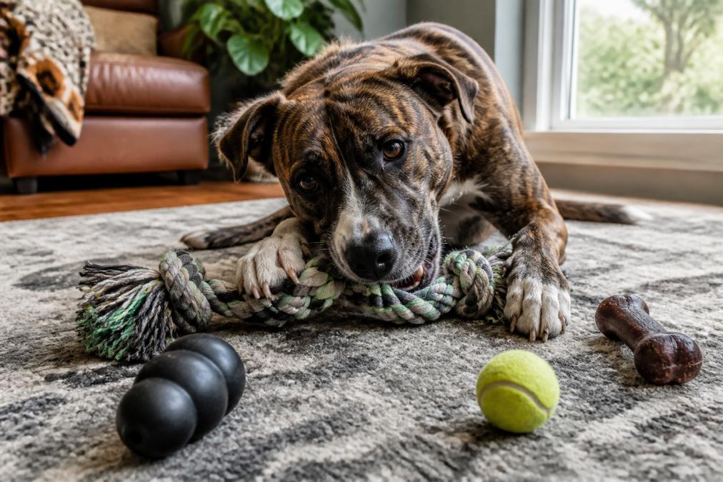 A large mixed-breed dog chewing a durable rope among various toys for dogs on a sunny living room rug.