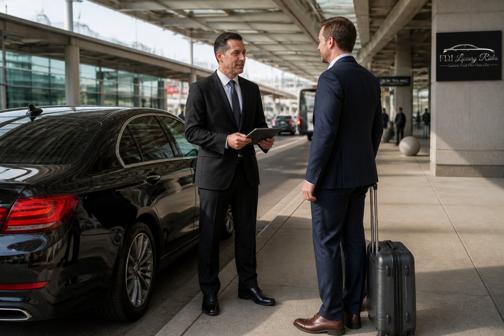 Chauffeur greeting a business executive at TPA for airport logistics for corporate events at the terminal curb