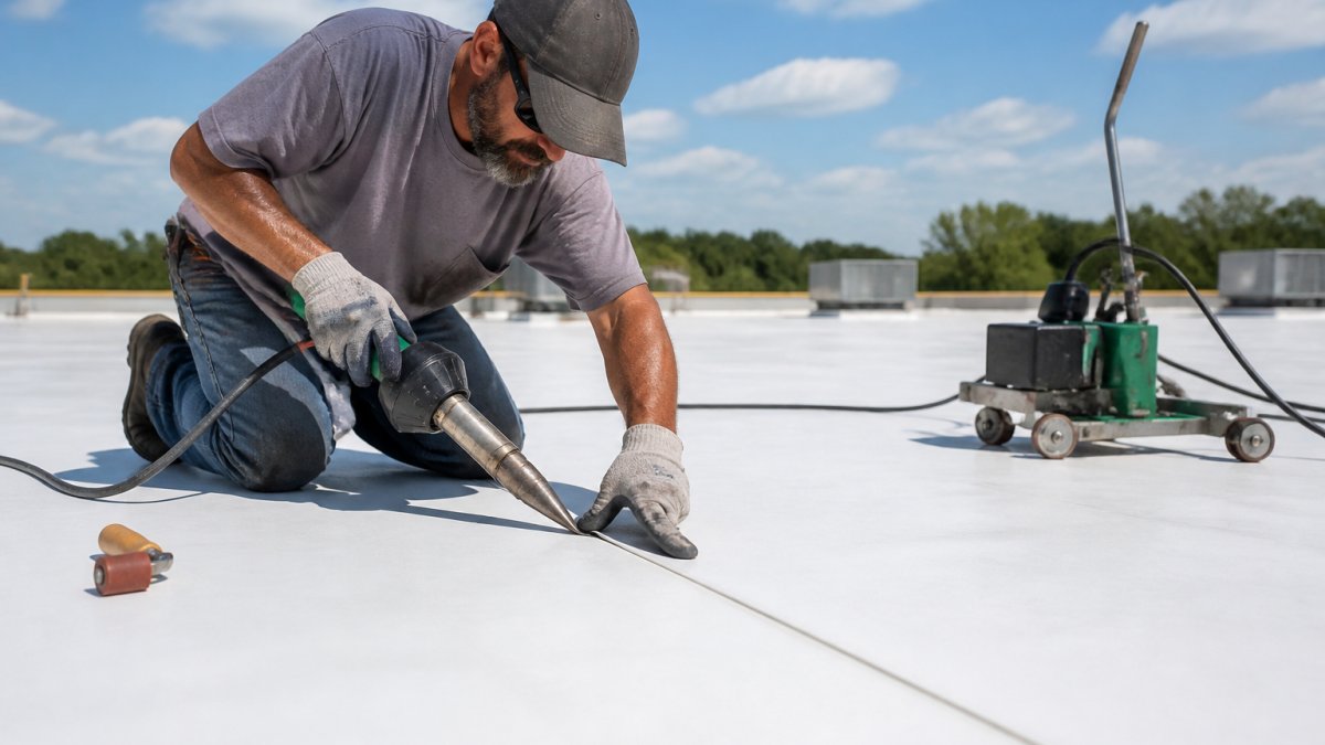 Professional roofing technician heat-welding TPO seams on a commercial flat roof with welding equipment visible, showing detailed seam construction on a sunny day