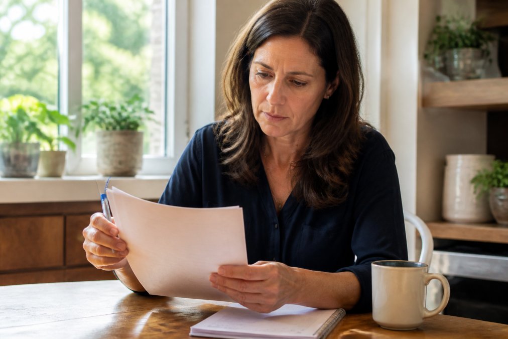 A woman in her 40s sitting at a kitchen table reviewing printed lab results with a pen and notebook, morning light through the window, a mug of tea beside her, looking thoughtful and focused
