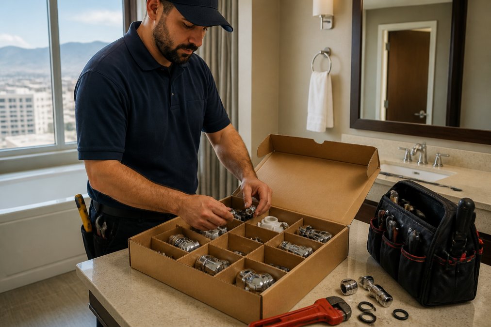 Maintenance technician unpacking an organized pre-kitted bathroom repair box with labeled compartments containing faucet parts, tub spouts, and tools in a hotel bathroom, natural daylight streaming through the window
