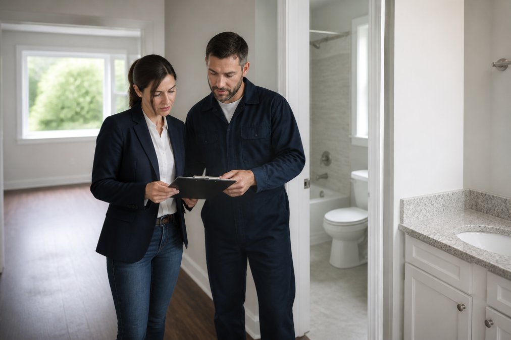 Property manager and maintenance team reviewing a checklist in a vacant apartment unit with bathroom fixtures visible, coordinating rapid unit turnover with natural light from windows