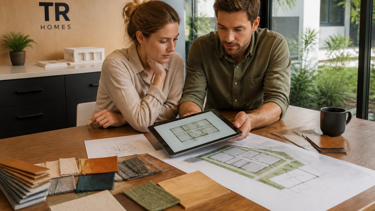 A couple reviewing a modular home floor plan on a tablet at a kitchen table, with fabric swatches and a site plan spread out beside them in a bright regional home office