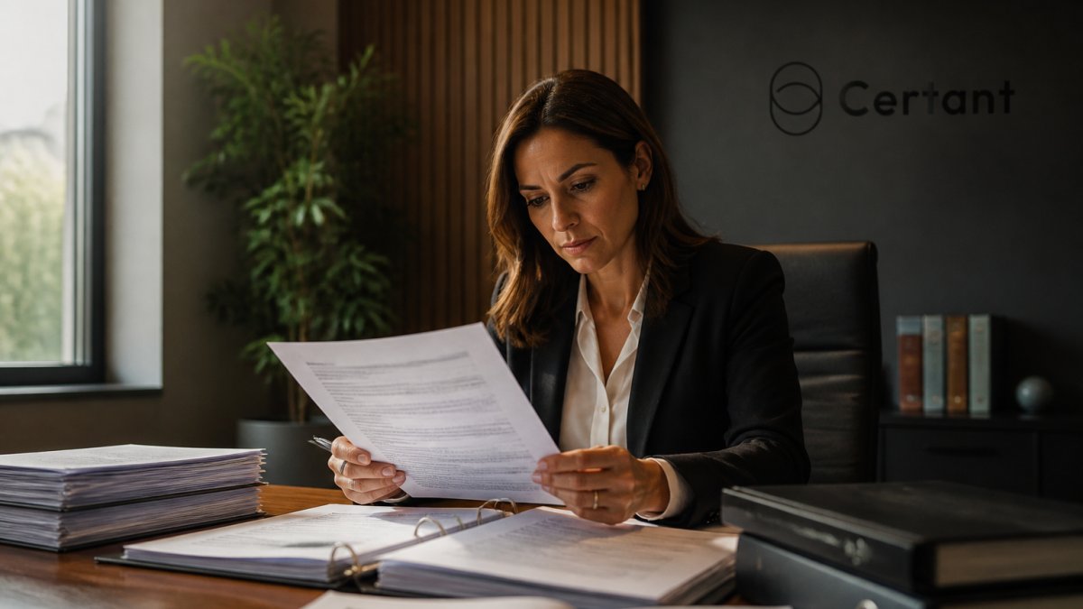 Compliance officer reviewing source documents on screen with traceable citations visible, seated at desk in professional office with natural lighting