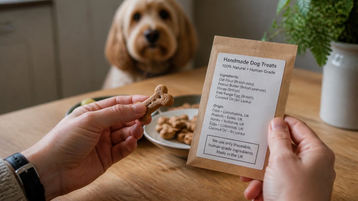 Close-up of a person's hands holding a small artisan dog biscuit next to its paper ingredient label on a wooden kitchen table, with a dog waiting patiently in the soft-focus background