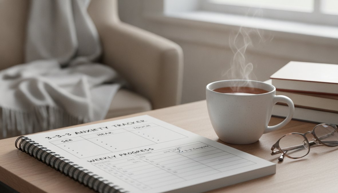Person writing in a journal at a calm wooden desk with a warm cup of tea nearby, soft natural light from a window, focused expression while documenting grounding practice notes