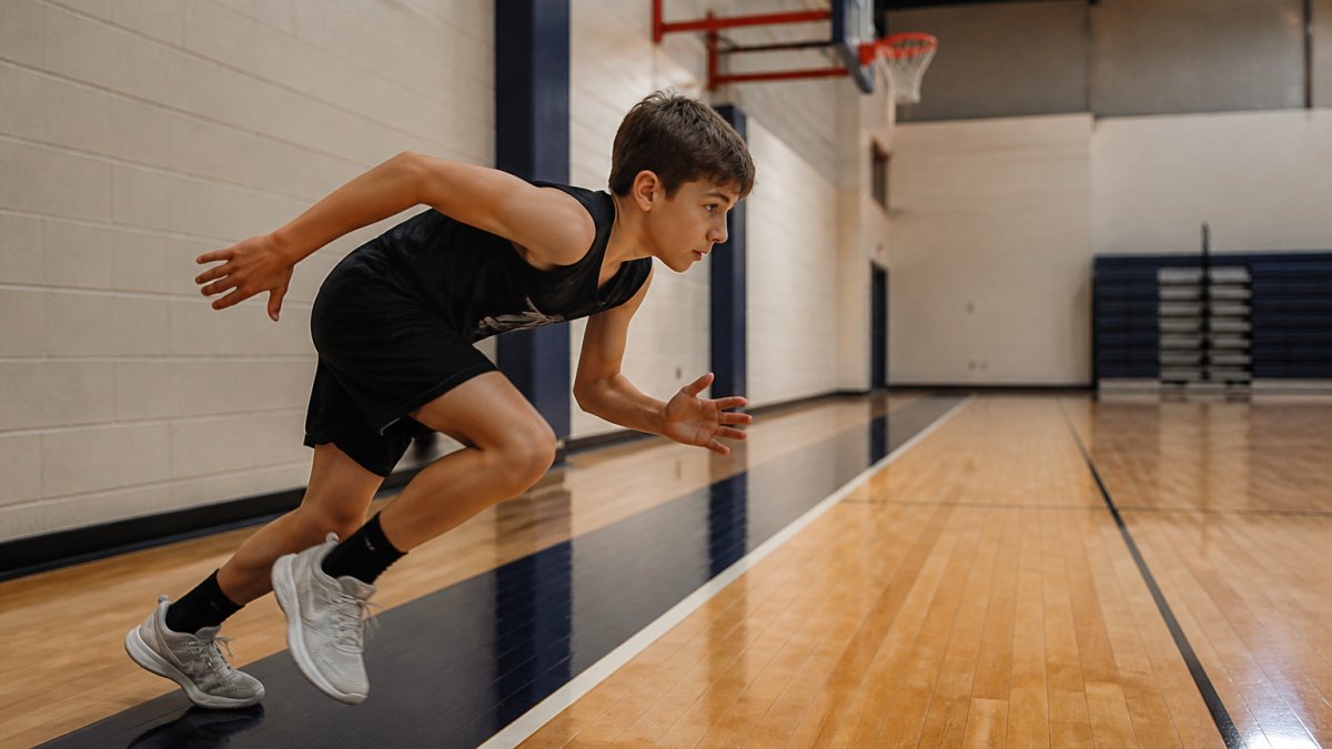Young basketball player in athletic stance at the baseline, demonstrating proper sprint posture with forward lean and explosive first step on a hardwood court
