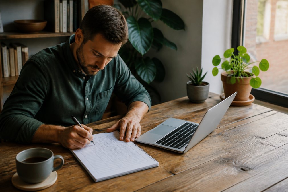 Freelancer sitting at wooden desk with laptop open, handwritten timesheet and coffee cup nearby, natural window lighting illuminating workspace