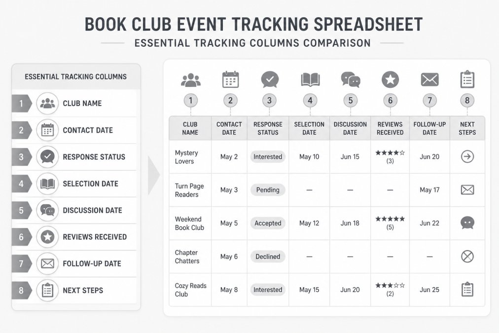 Comparison matrix showing essential tracking columns for book club engagement: Club Name, Contact Date, Response Status, Selection Date, Discussion Date, Reviews Received, Follow-Up Date, Next Steps