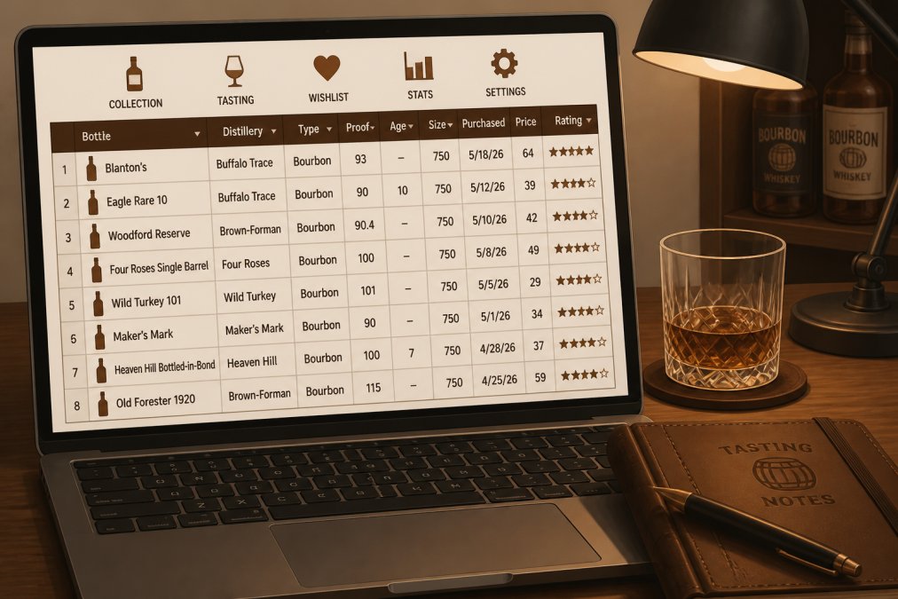 Close-up of a laptop screen showing a spreadsheet with bourbon bottle data columns visible, with a glass of whiskey and leather-bound tasting journal on the desk beside it, warm desk lamp lighting