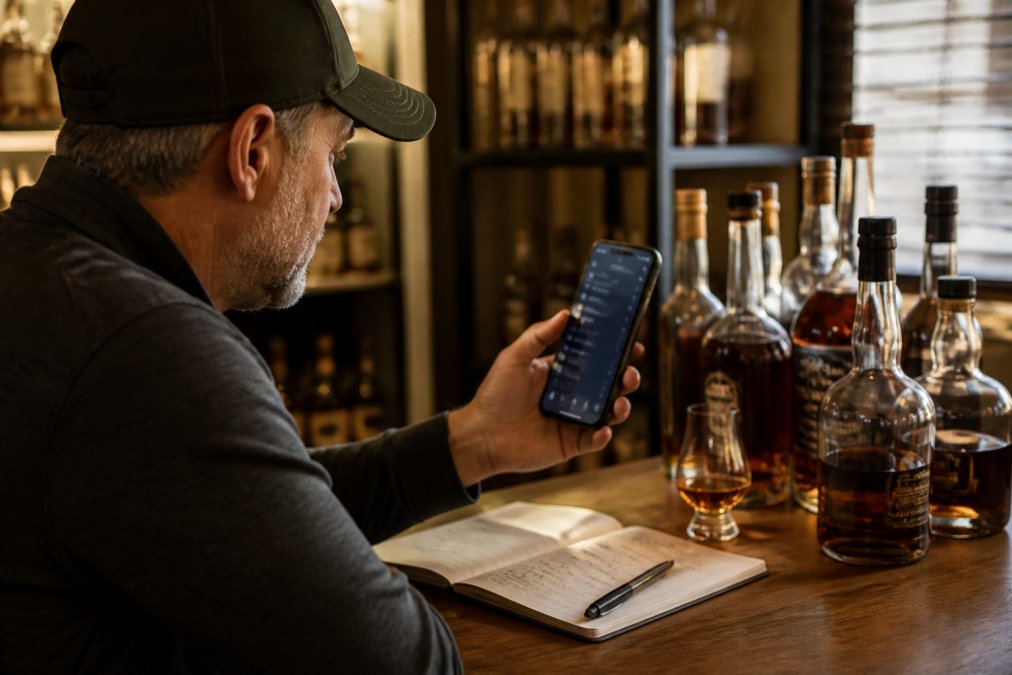 Bourbon collector sitting at a desk with multiple bottles arranged nearby, smartphone displaying a whiskey tracking app interface with detailed bottle information visible on screen