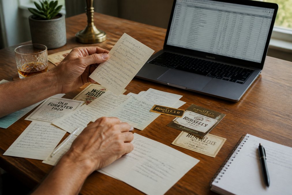 Hands organizing handwritten bourbon tasting notes and bottle labels on a wooden table with a laptop displaying a whiskey tracking spreadsheet in warm natural lighting
