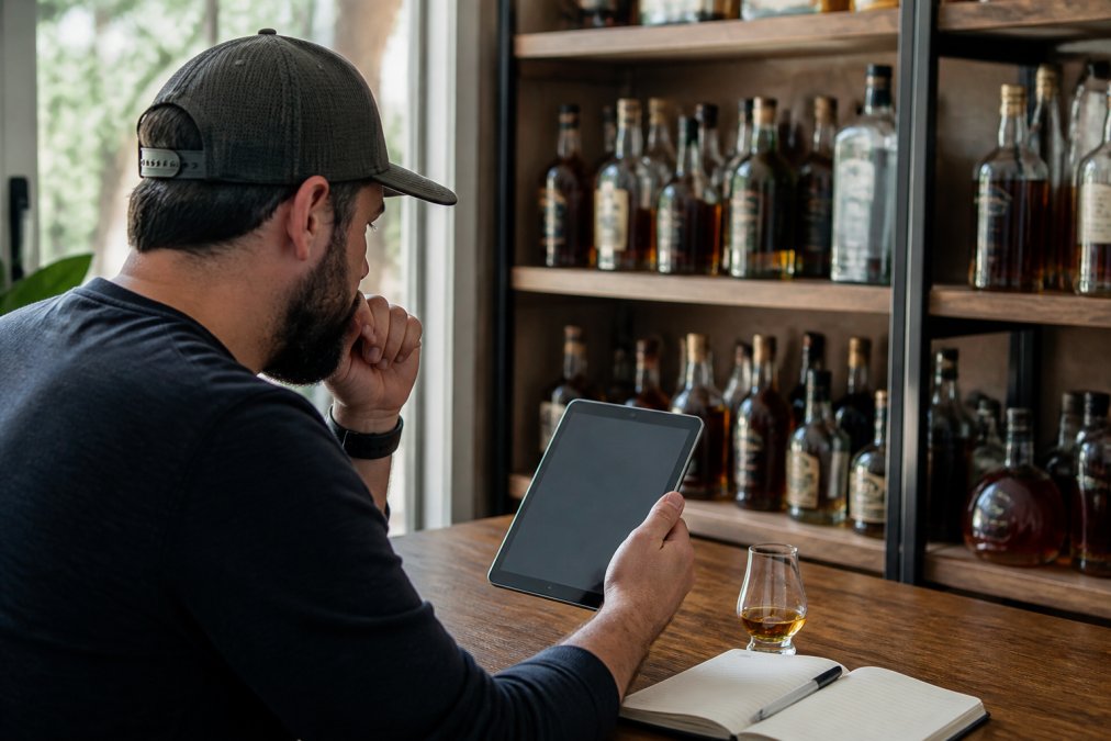 Bourbon collector reviewing detailed tasting notes on a tablet while examining a collection of bourbon bottles on a wooden shelf in natural daylight