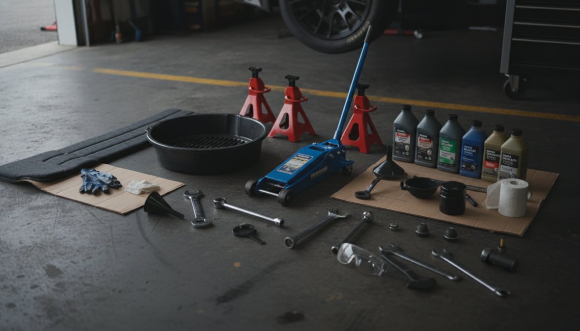Professional automotive technician with organized fluid change tools laid out on clean workbench, including drain pan, wrenches, oil filter, safety gloves and goggles under bright workshop lighting