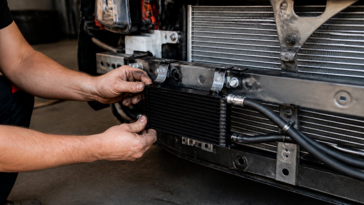 Mechanic mounting an aluminum track car power steering fluid cooler onto a radiator support with hose clamps