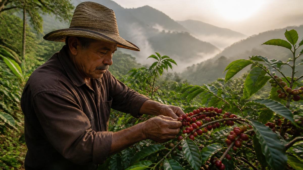 Coffee farmer hand-picking ripe red coffee cherries on a misty mountain farm at sunrise