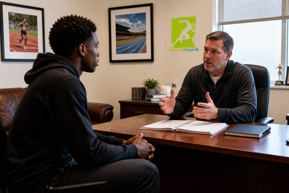 Student-athlete having a serious conversation with a college coach during a campus visit, both seated in an office setting with the coach gesturing while explaining program plans and future direction