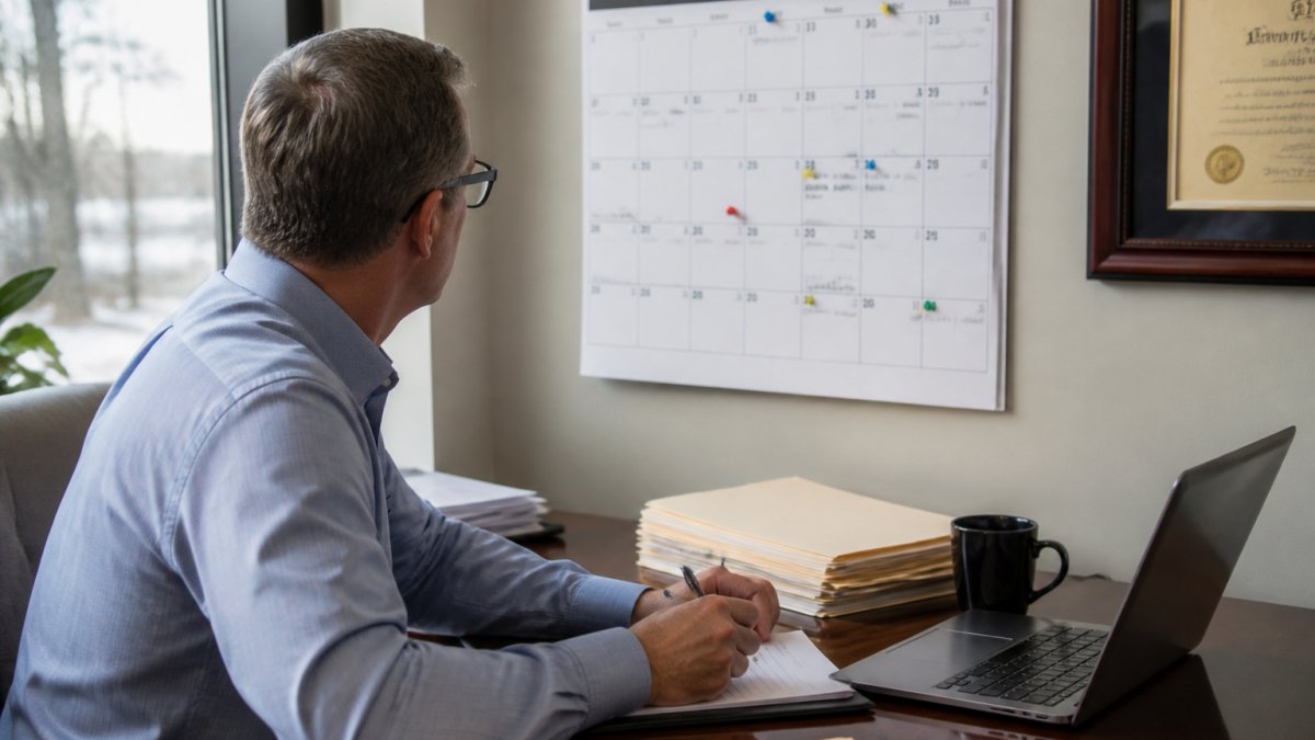 An accountant at a tidy desk reviewing a wall calendar beside a laptop screen, with several labeled client folders stacked nearby and natural office lighting