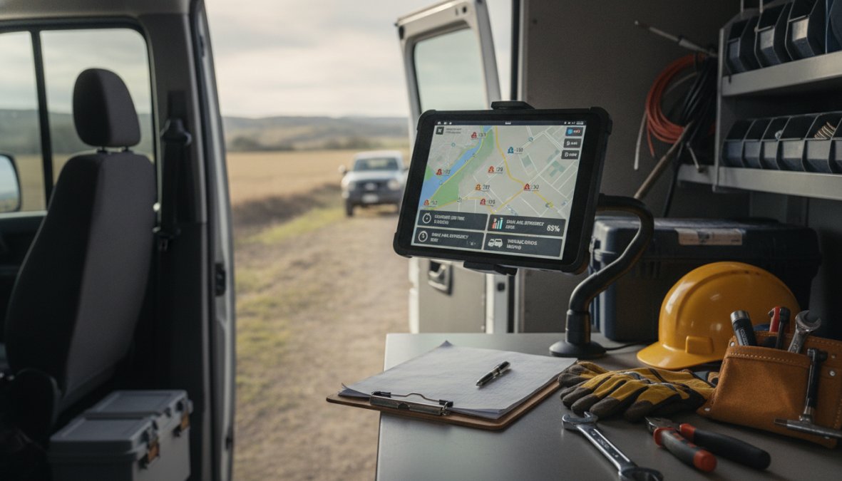 Field technician checking mobile app on smartphone while standing at job site with tools and work vehicle visible in background