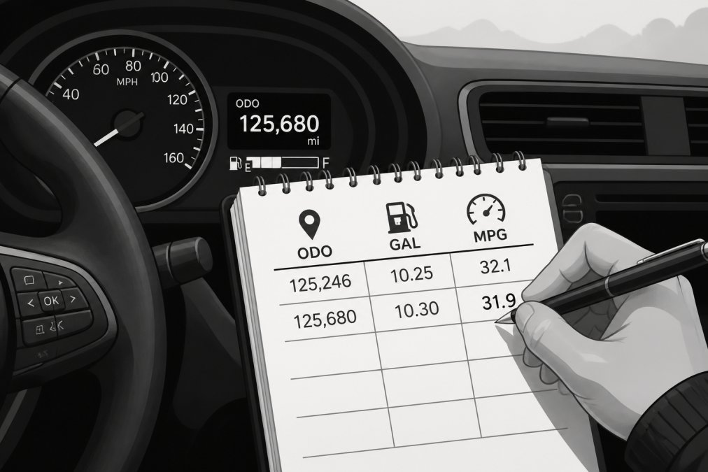 Close-up of a driver's hand writing fuel consumption data on a notepad while sitting in the car, with the odometer visible on the dashboard showing mileage