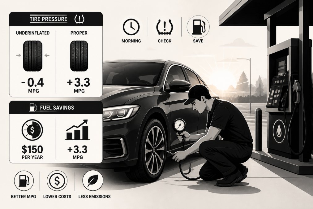 Driver checking tire pressure with a gauge at a gas station pump, showing proper vehicle maintenance for fuel efficiency with morning light