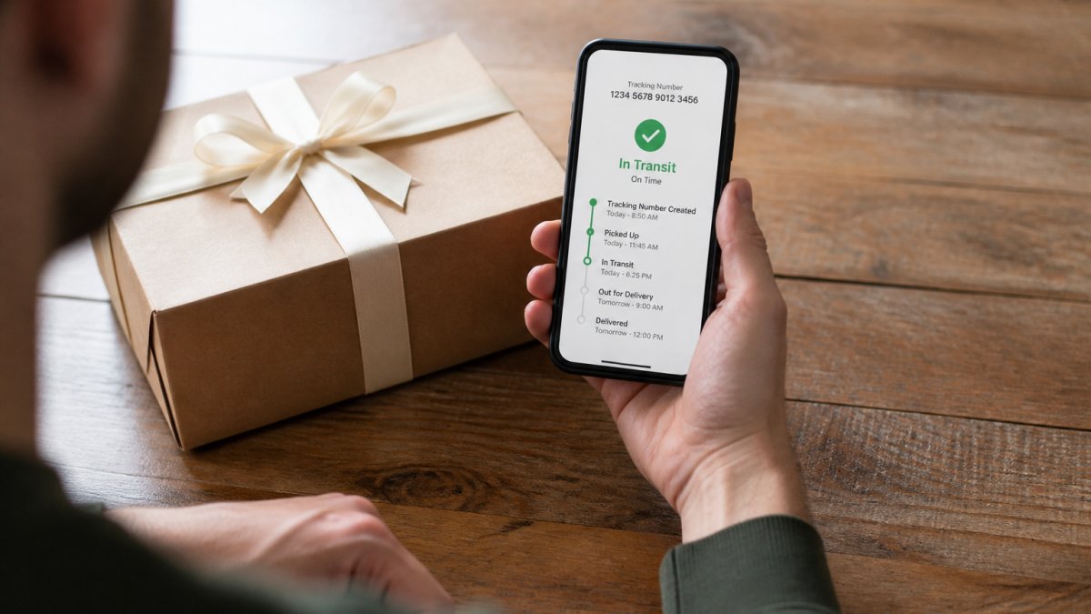 Person holding a smartphone displaying a tracking number and real-time delivery status on screen, with a wrapped gift box sitting on a wooden table nearby