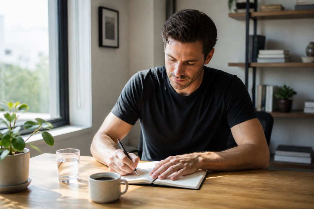A person in their 30s sitting at a minimalist wooden desk in a bright home office, writing in a small notebook with a pen, a cup of black coffee and a glass of water nearby, morning light through a window, calm and focused atmosphere
