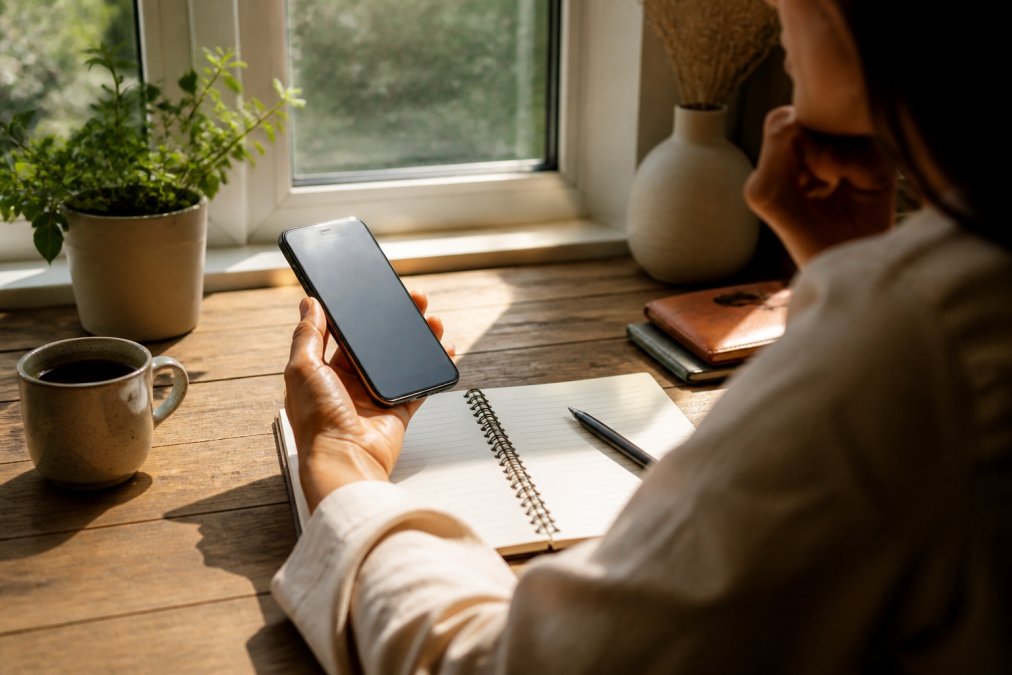 Person holding smartphone with growth tracking app open, sitting at desk with journal and coffee, natural morning light